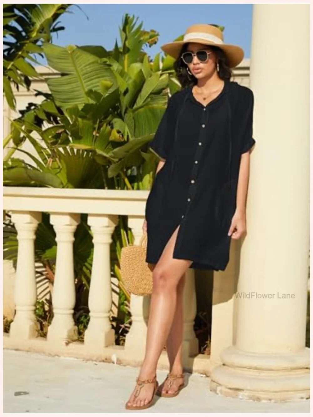 Women's Swimsuit Cover Up Button Down Hooded Shirt with Pockets Long Length